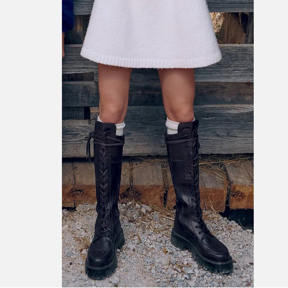 New Free People Jones Tall Lace Up Boots Size 7.5 MSRP: $258 Leather